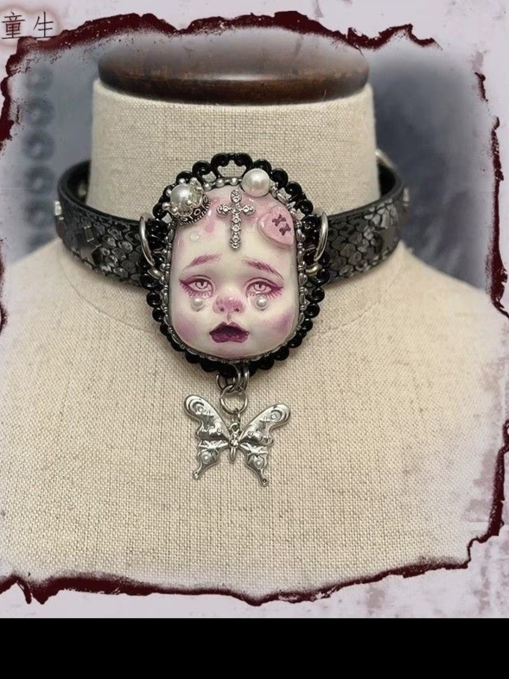 Handcrafted Gothic Black Choker with Pink Porcelain Face Pendant